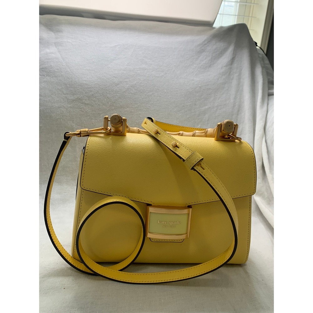 Kate Spade Katy Yellow Pebbled Leather Bamboo Handle Crossbody Satchel Bag#597